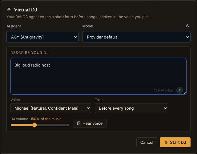 RobOS Audio Player Virtual DJ settings, with the AI agent picker and a box to describe your DJ