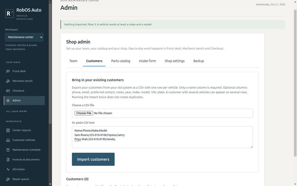 A bad row stops the whole import and names the row to fix