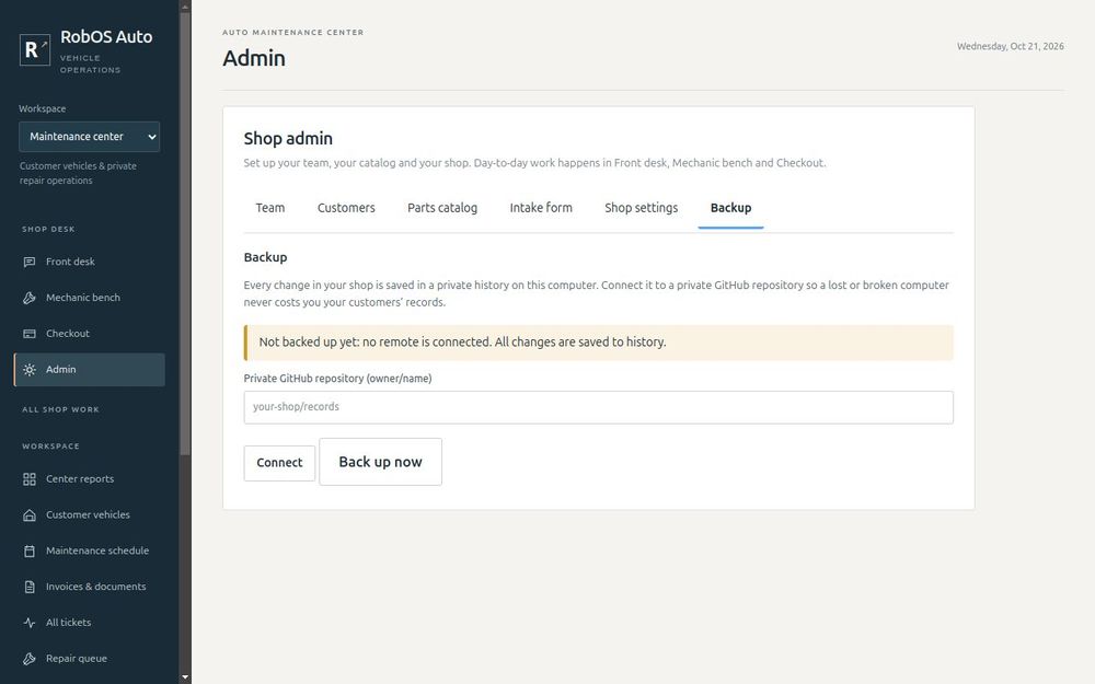 The Backup tab before a repository is connected