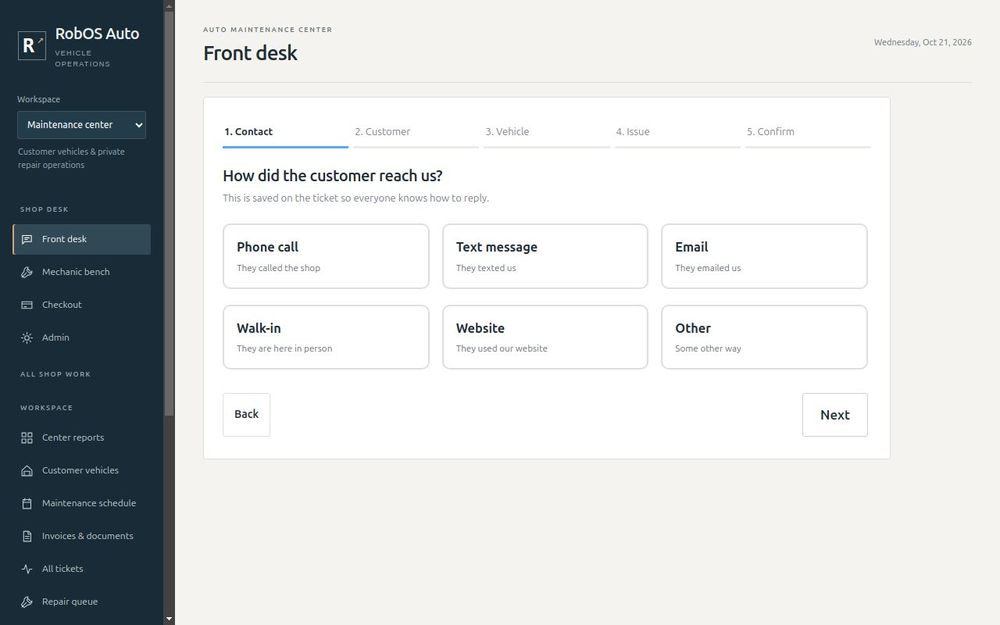 The Front desk menu, with its first step ready