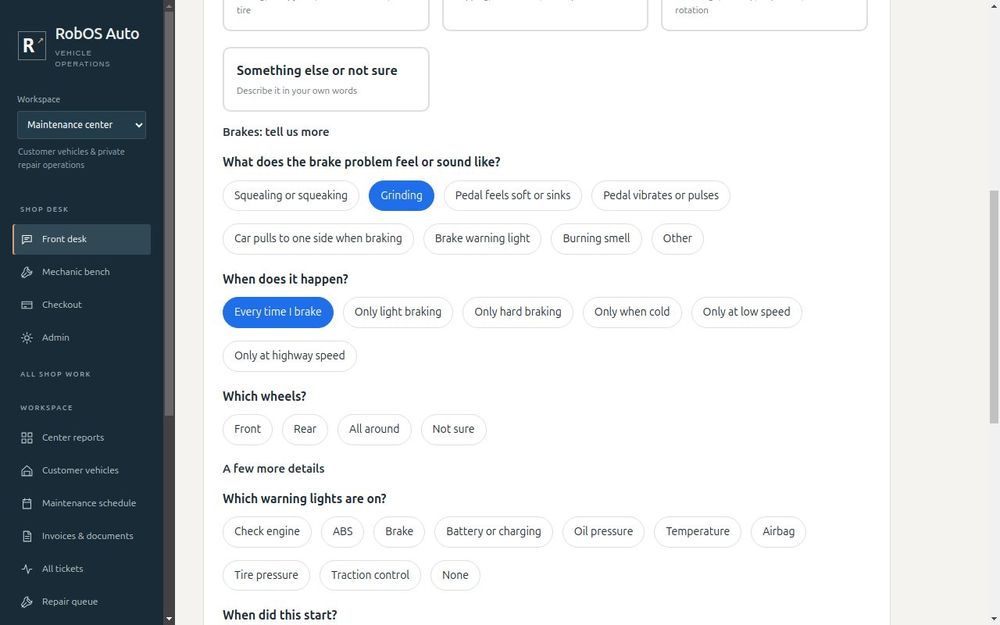 Answering the brake questions with one tap each