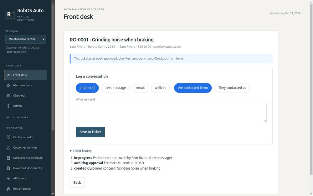 Front desk estimate preparation and customer approval in RobOS Auto Center