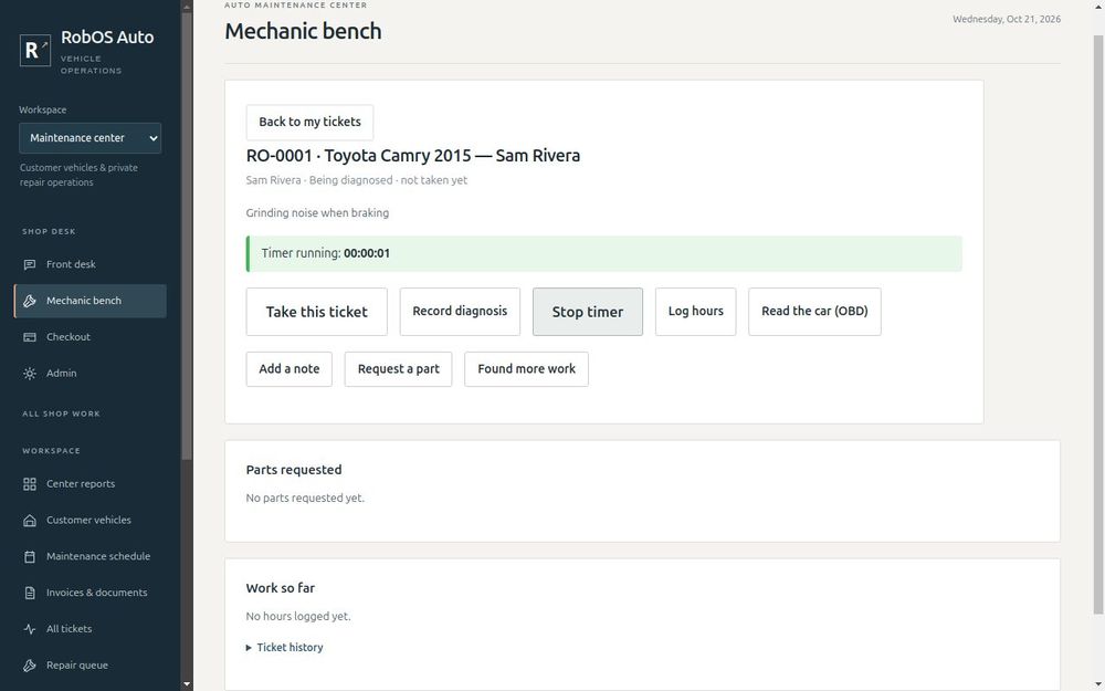 Mechanic bench job timing and parts status in RobOS Auto Center