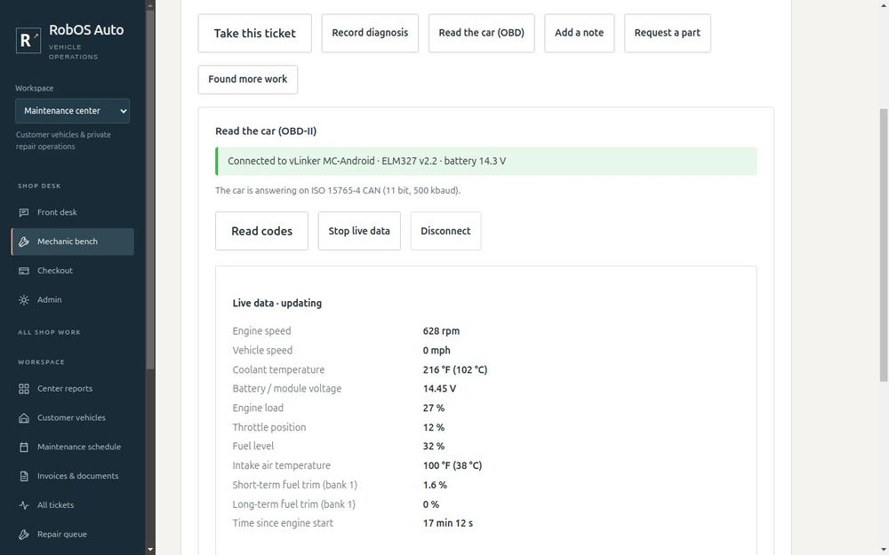 Live engine data from a real van