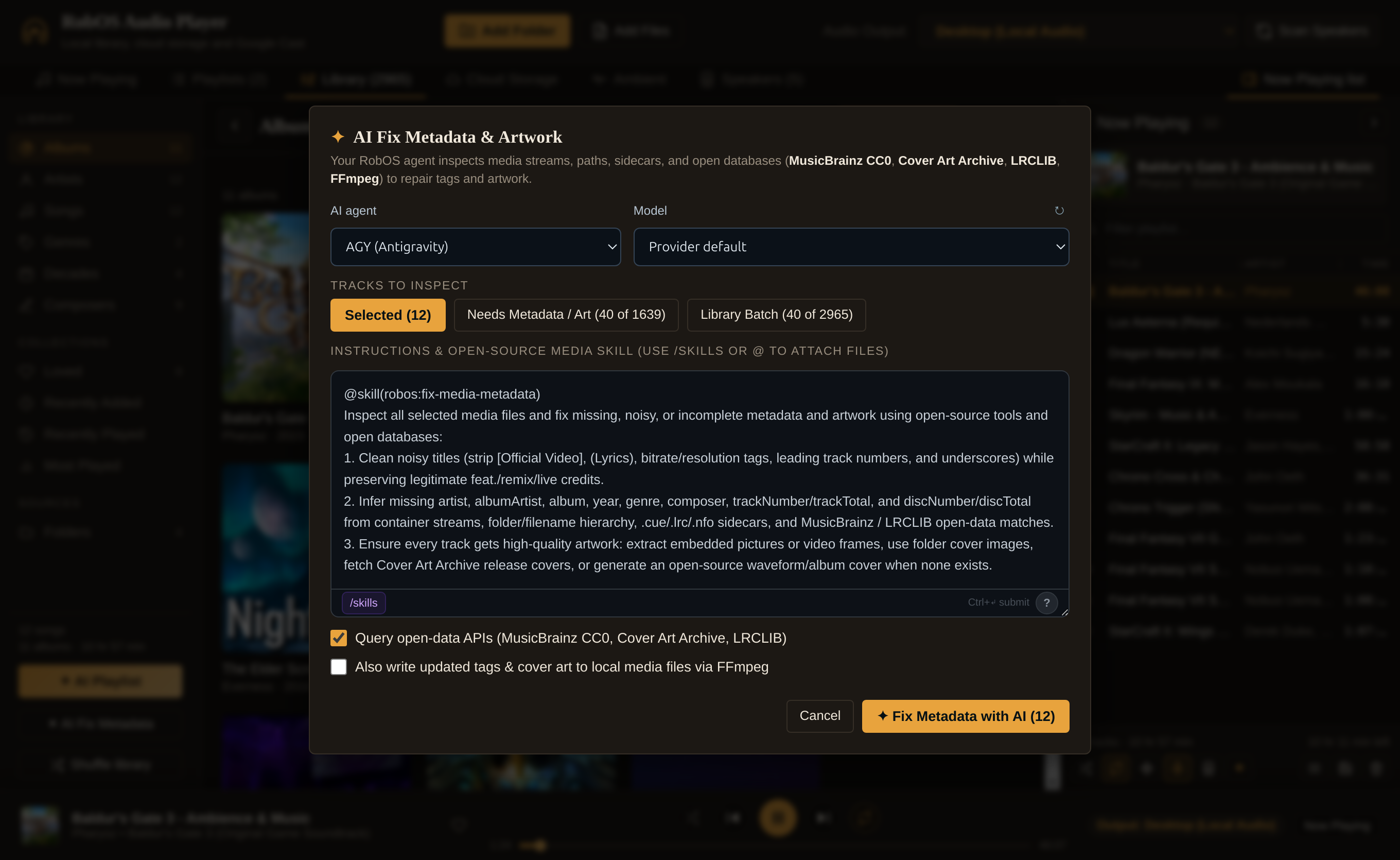 AI Fix Metadata modal in RobOS Audio Player with robos-agent-selector and robos-ai-textarea pre-populated with @skill(robos:fix-media-metadata)