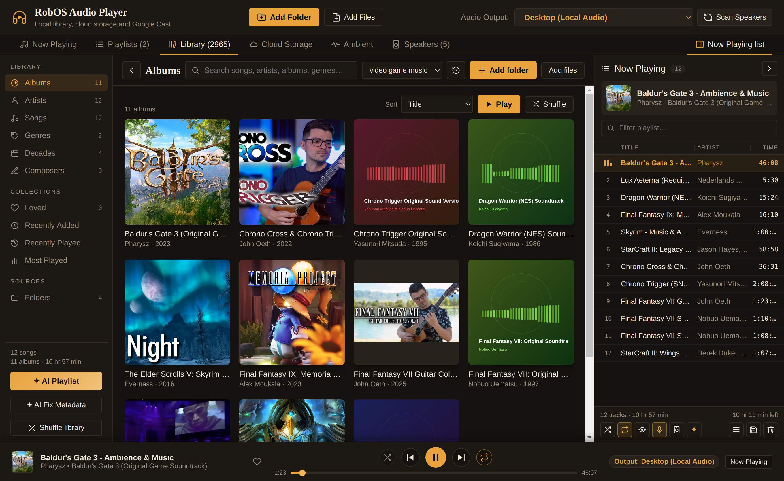 RobOS Audio Player showing the enriched Video Game Music album grid with extracted and open-source generated cover art