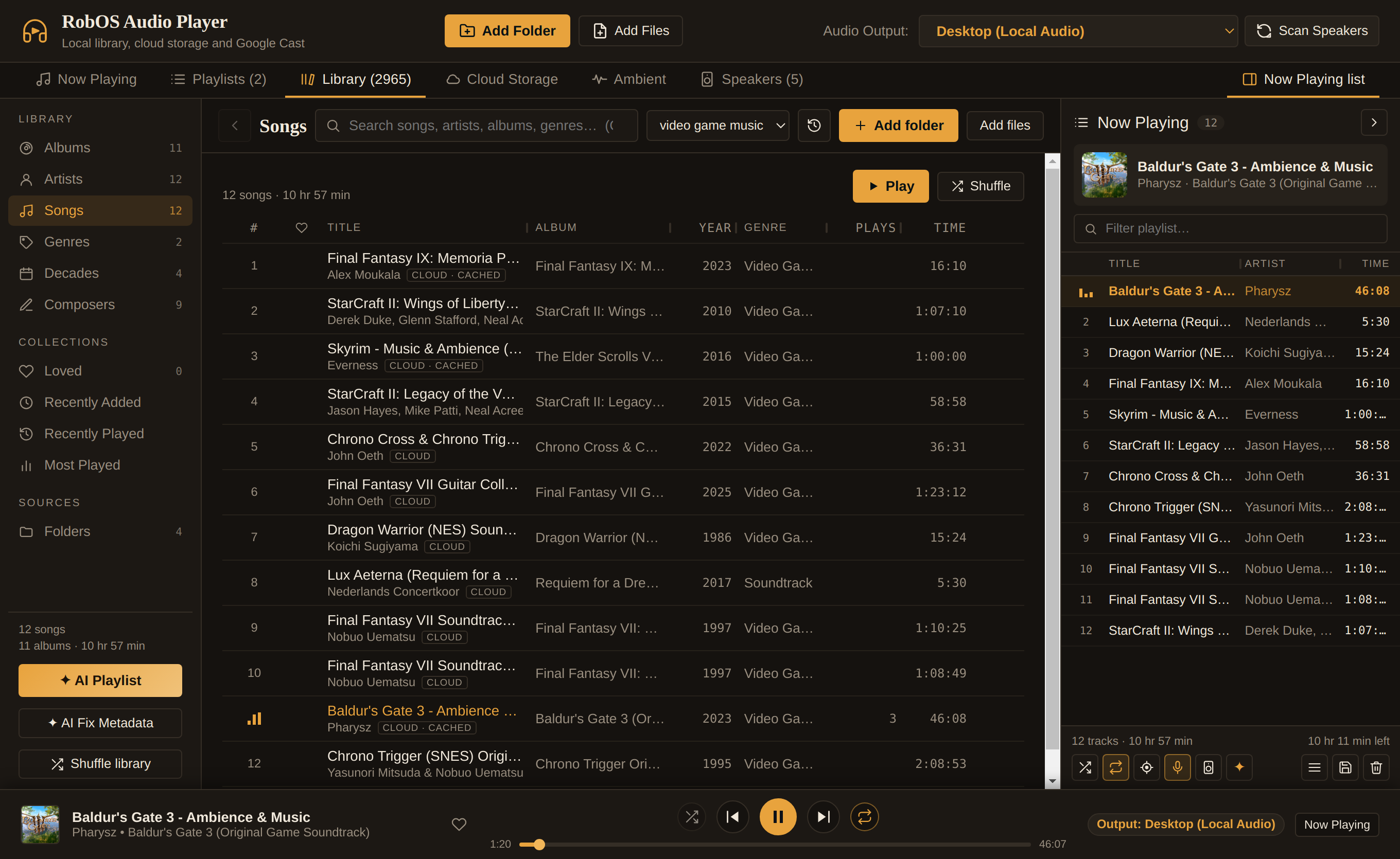 Enriched Songs table in RobOS Audio Player showing canonical titles, composers, albums, years, and Video Game Music genres