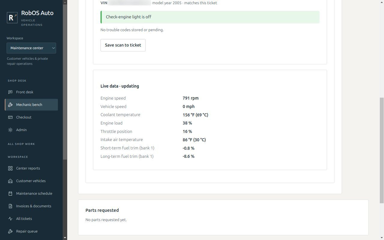 Live engine data read over a vLinker MC+ from a running 2005 Honda Accord: 791 rpm, coolant 156 °F, load 38 percent, fuel trims, with the check-engine light off