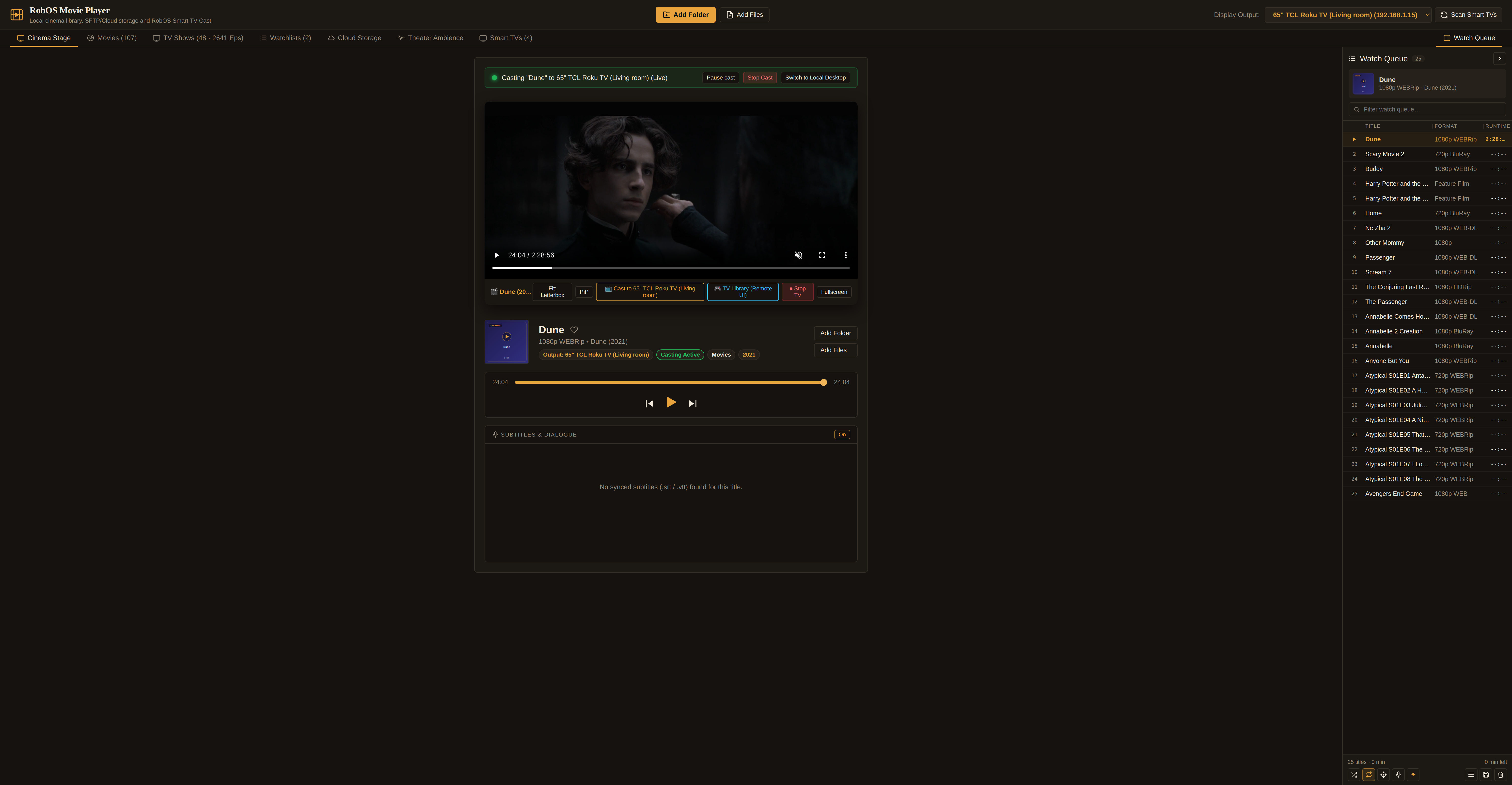RobOS Movie Player Cinema Stage screening Dune (2021) while casting live to a 65-inch TCL Roku TV