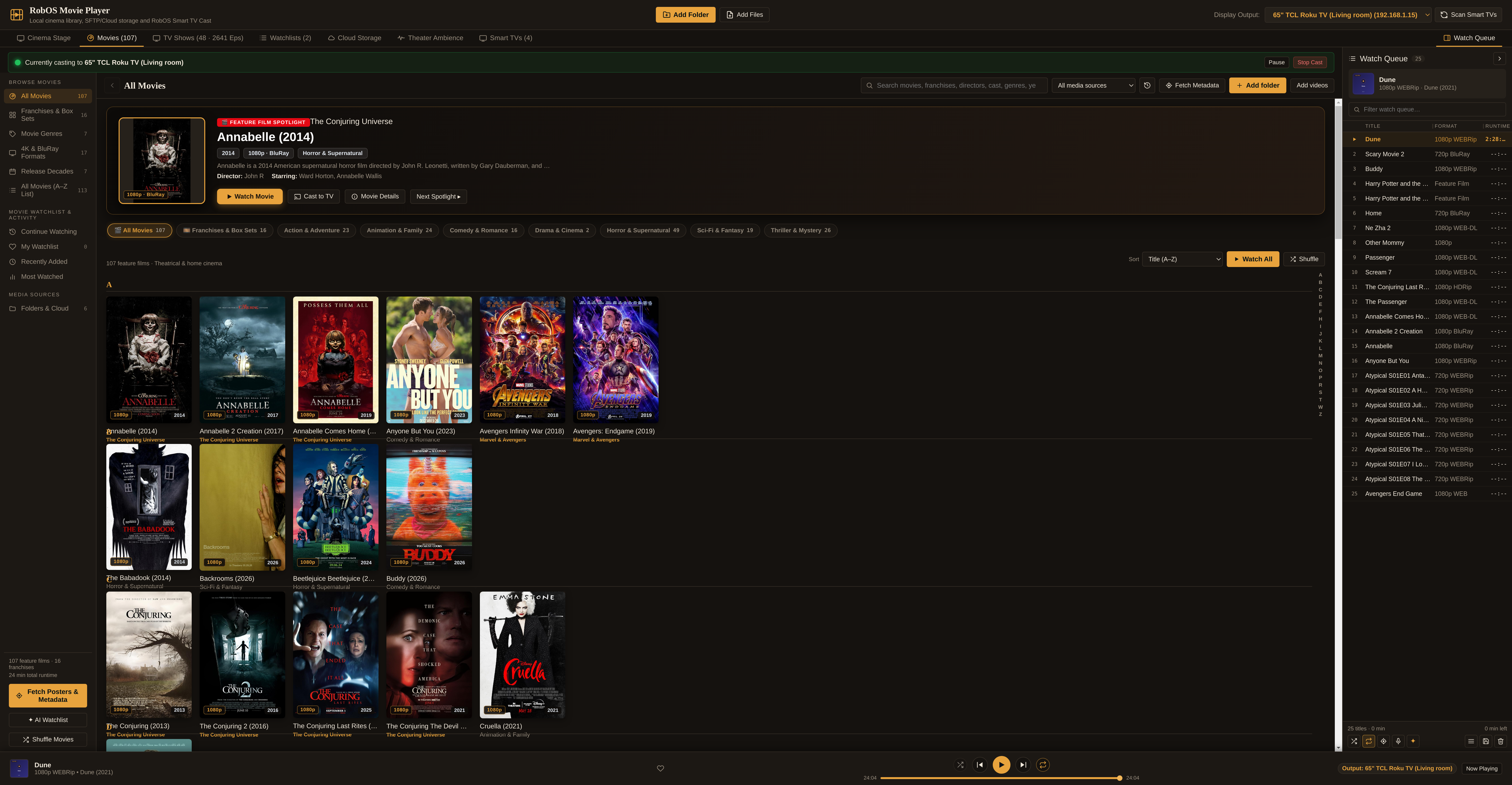 RobOS Movie Player on the Movies (107) tab showing the Feature Film Spotlight hero banner for Annabelle (2014), genre filter chips, and 2:3 theatrical posters