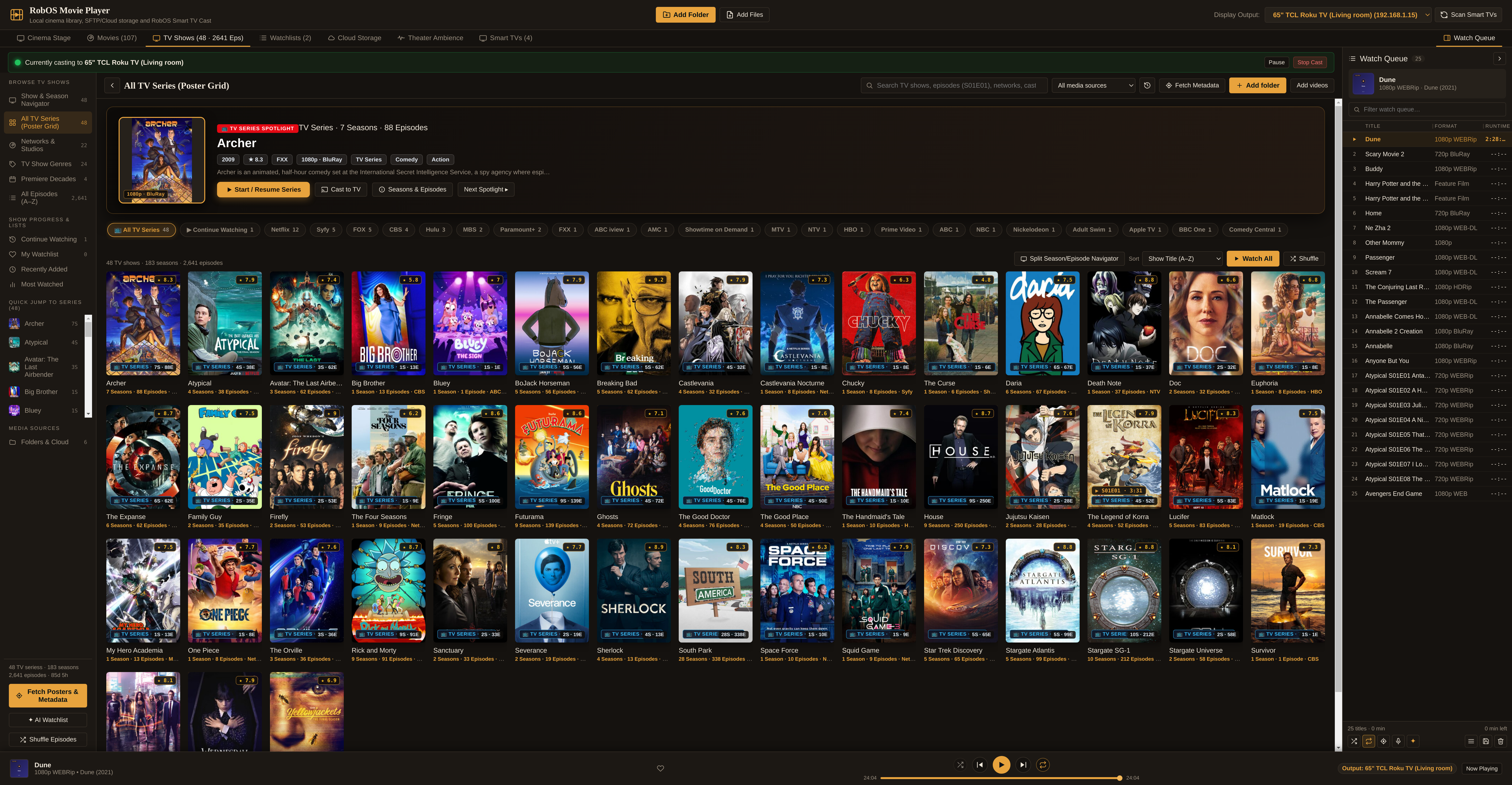 RobOS Movie Player All TV Series Poster Grid showing 2:3 series posters for Archer, Atypical, Avatar: The Last Airbender, Big Brother, Bluey, BoJack Horseman, Breaking Bad, and more