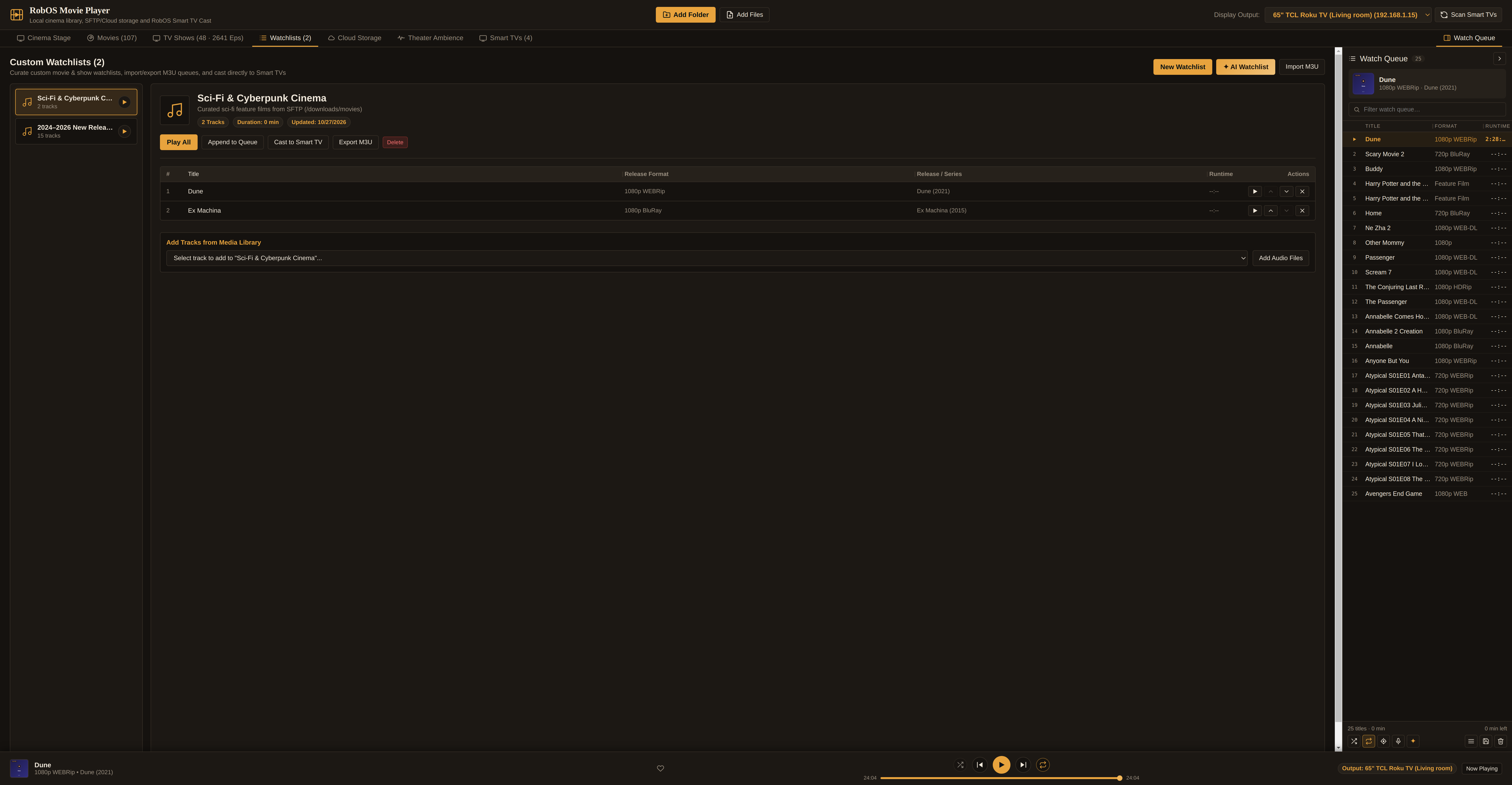 Watchlists tab in RobOS Movie Player showing saved movie marathons and queues