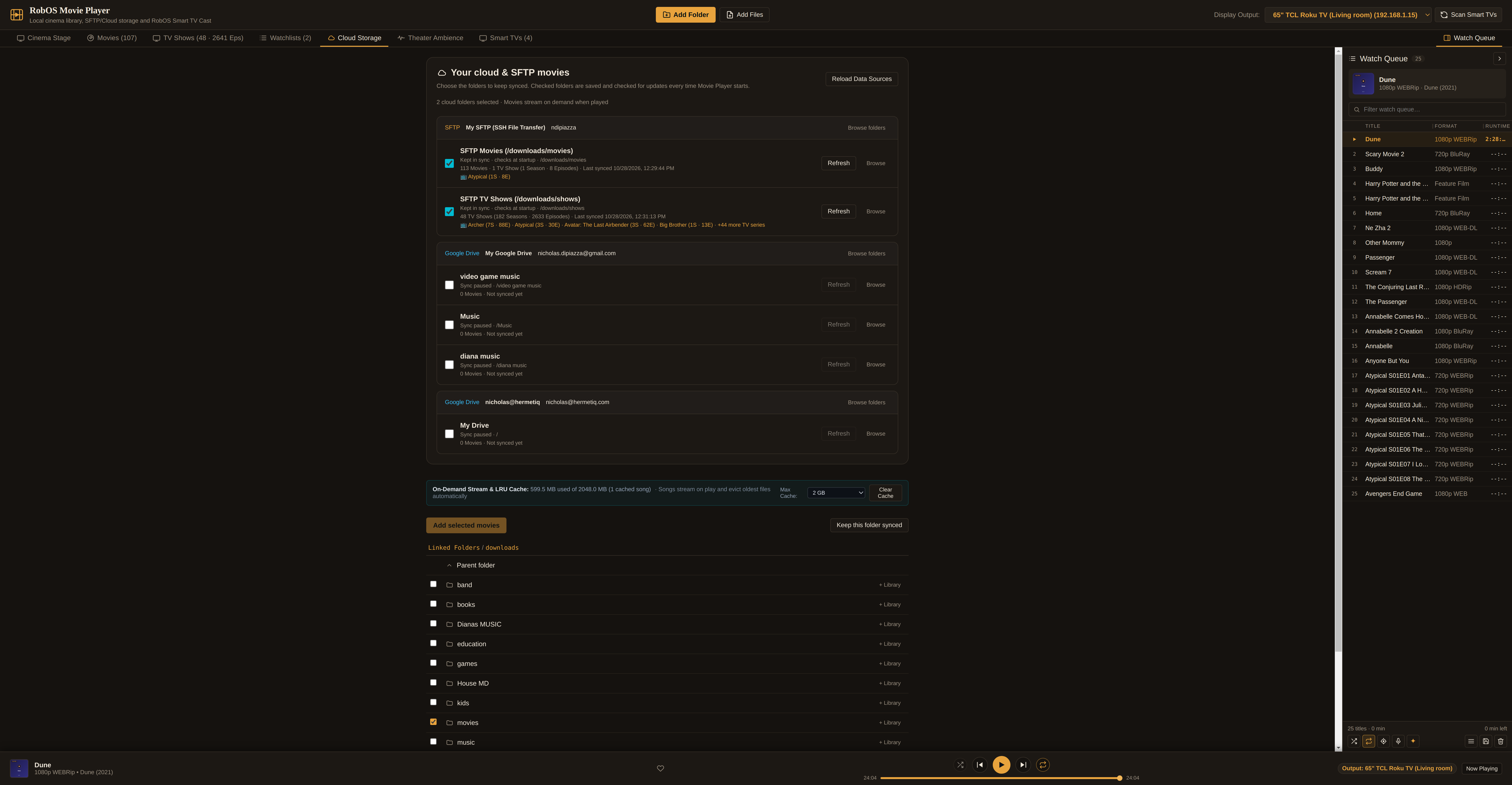 Cloud Storage and SFTP sources tab in RobOS Movie Player