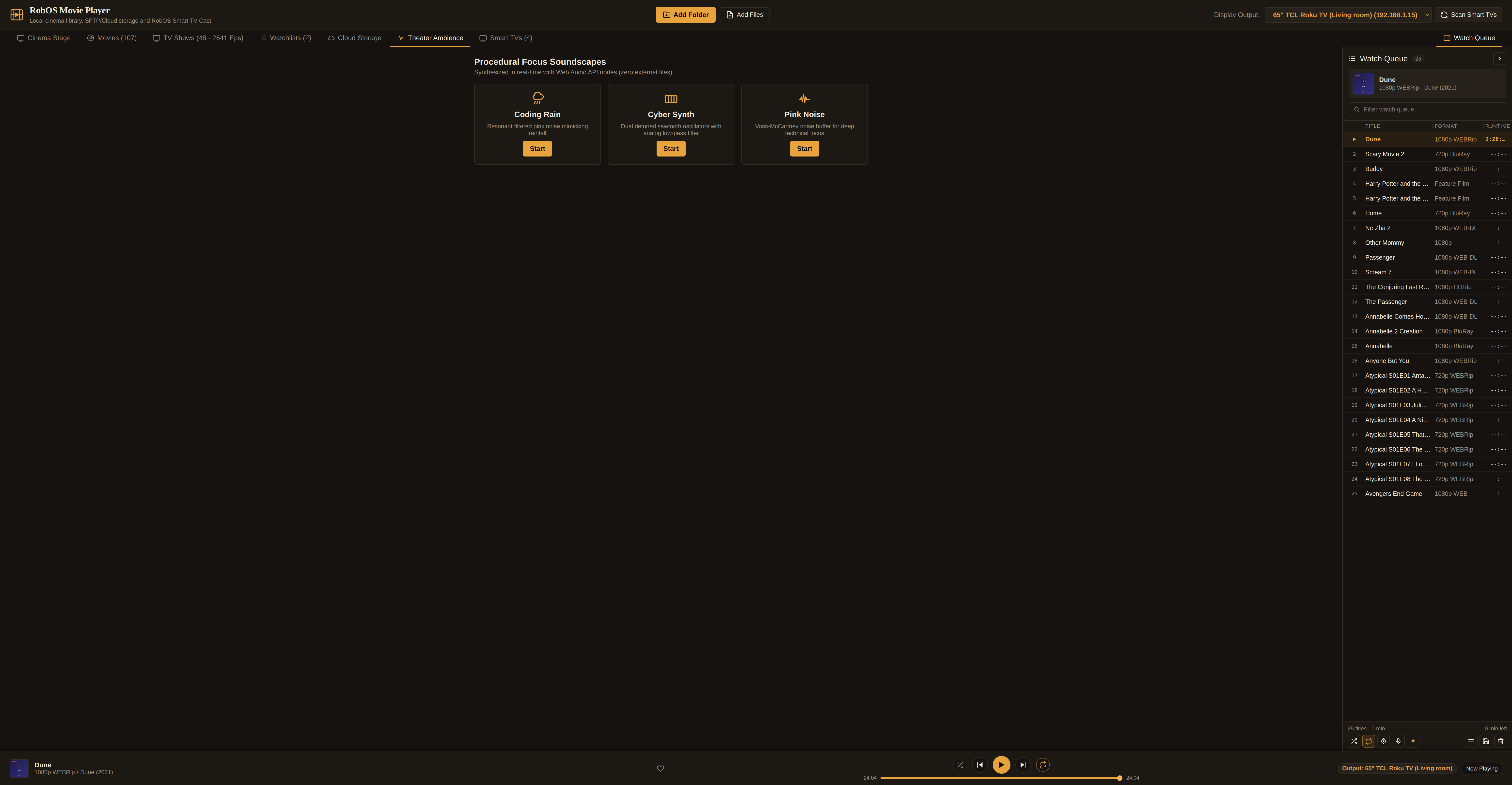 RobOS Movie Player Theater Ambience tab showing procedural lobby and cinema soundscapes