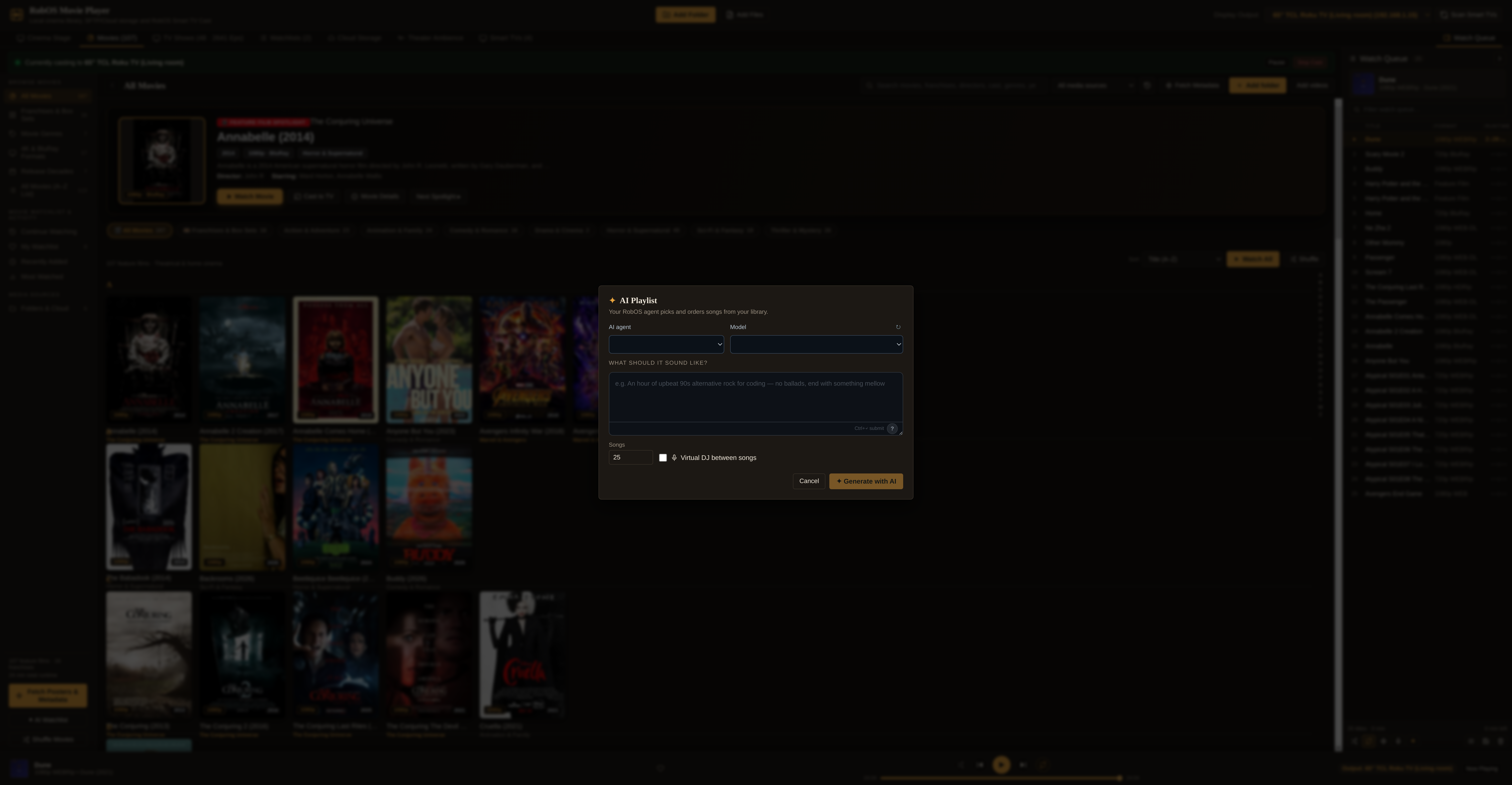 AI Watchlist and Virtual Cinema Host modal in RobOS Movie Player