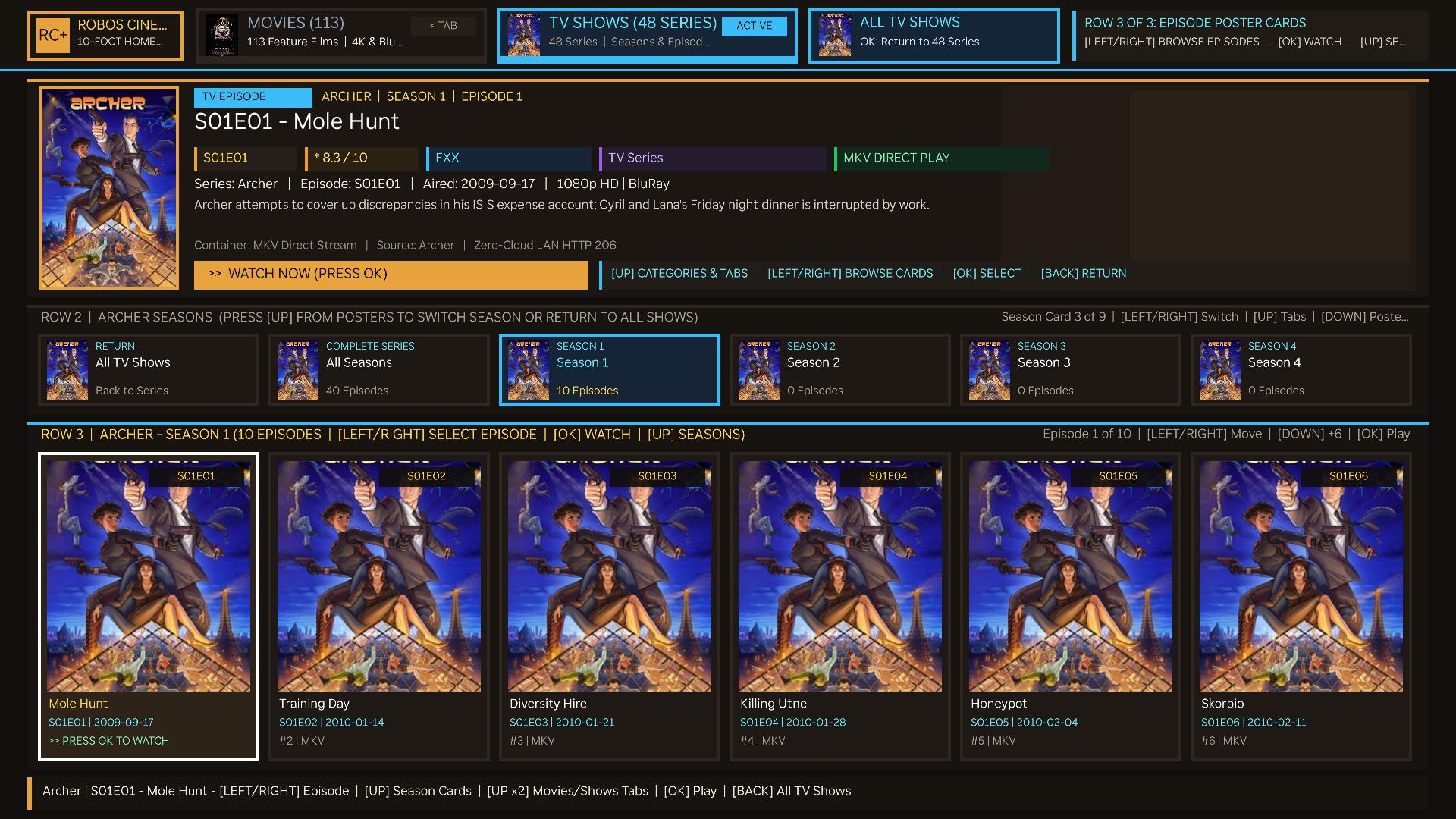Live hardware screenshot from a 65-inch TCL Roku TV showing Archer Season cards in Row 2 and Episode cards in Row 3