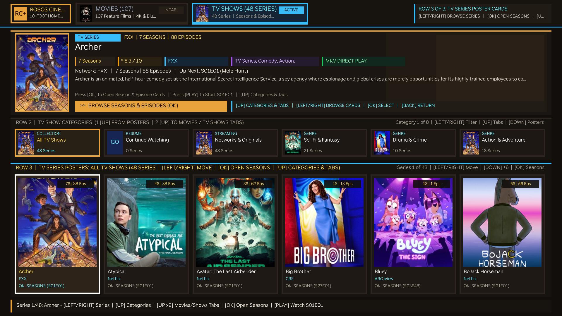 Live hardware screenshot from a 65-inch TCL Roku TV showing the TV Shows (48 Series) browser with Archer, Atypical, Avatar, Big Brother, Bluey, and BoJack Horseman posters