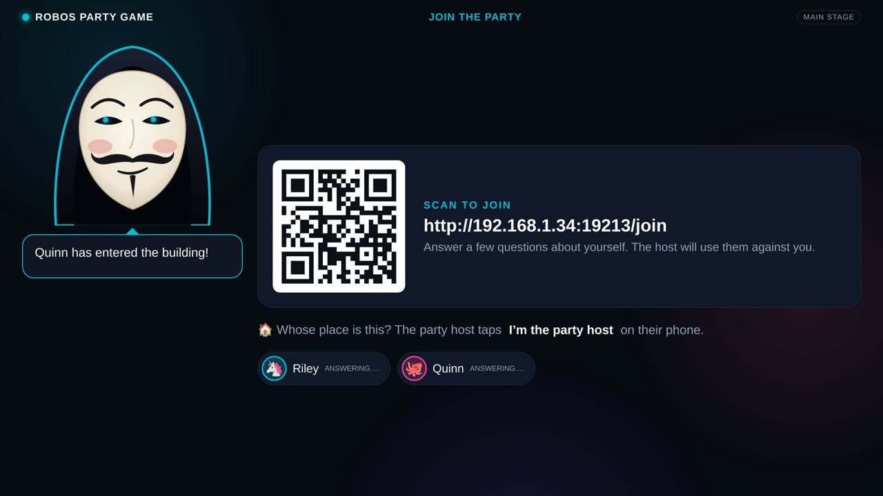 The Party Game lobby on a TCL Roku TV: the hooded masked AI host welcomes Quinn next to the join QR code