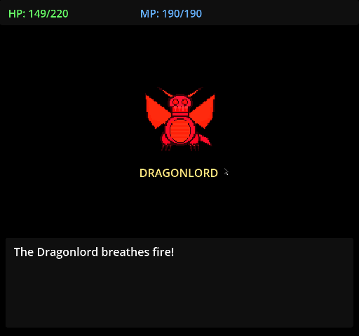 Battle screen: The Dragonlord breathes fire! with hero HP 149 of 220
