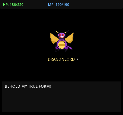 Battle screen with the winged dragon form: BEHOLD MY TRUE FORM!