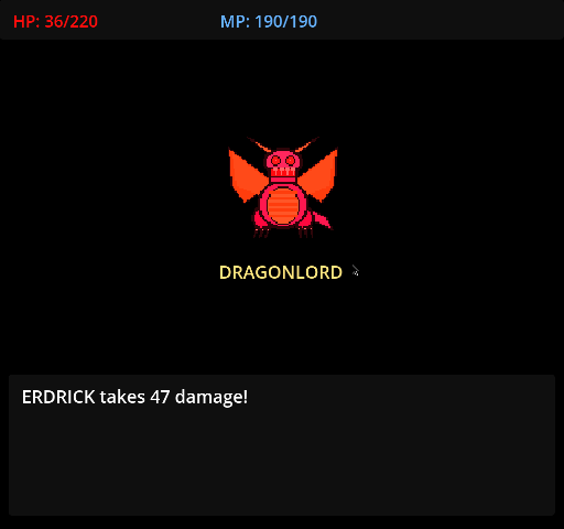 Battle screen with hero HP at 36 of 220 in red: ERDRICK takes 47 damage!