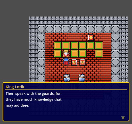 Throne room with King Lorik speaking: Then speak with the guards, for they have much knowledge that may aid thee.