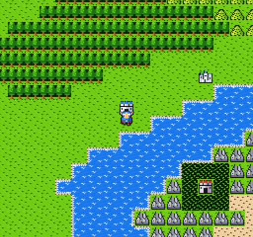 Alefgard overworld with the hero just outside Tantegel Castle by the river
