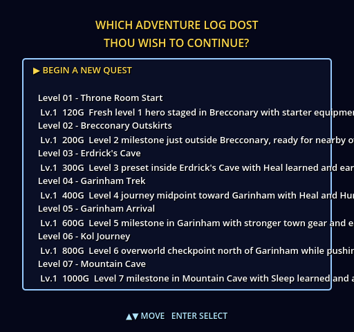 Save select screen with BEGIN A NEW QUEST highlighted above seven checkpoint saves