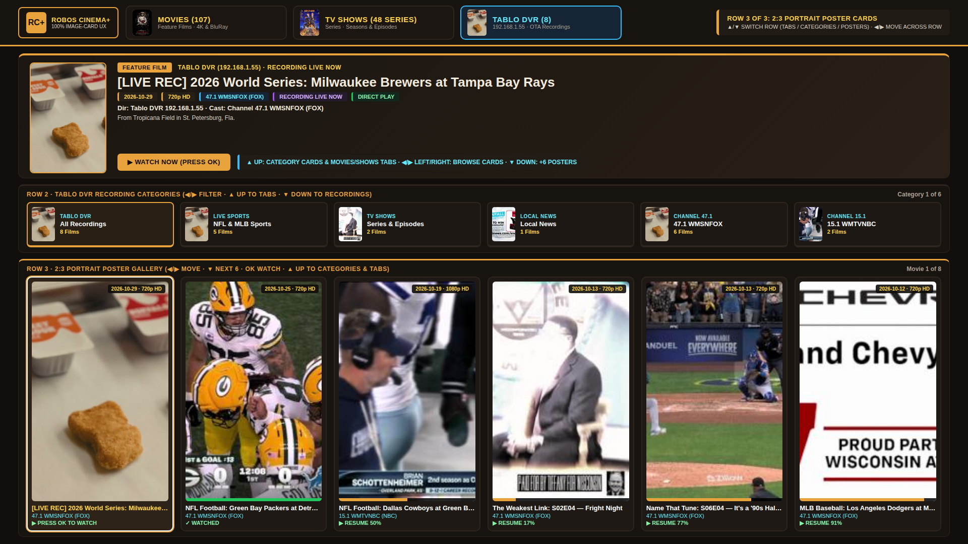 10-Foot Smart TV Cinema+ and Roku TV interface on the TABLO DVR (8) tab showing broadcast recording thumbnails, category cards, and live World Series spotlight