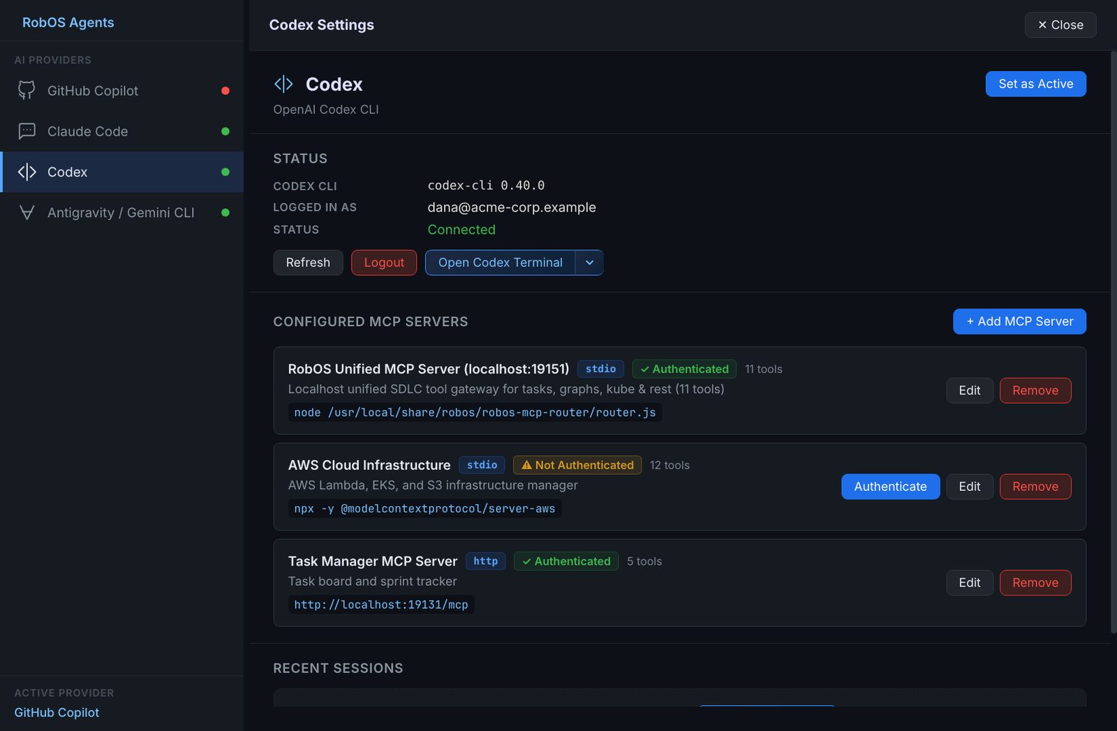 RobOS Agents with four providers in the sidebar and the settings page of one agent, showing its version, the signed-in account, MCP servers and a Set as Active button