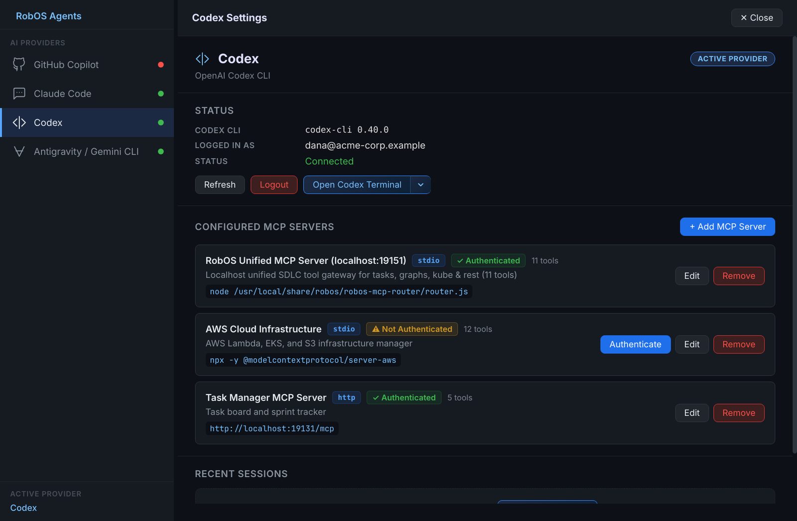 The same settings page after Set as Active, with an Active provider badge and the active provider shown at the bottom of the sidebar