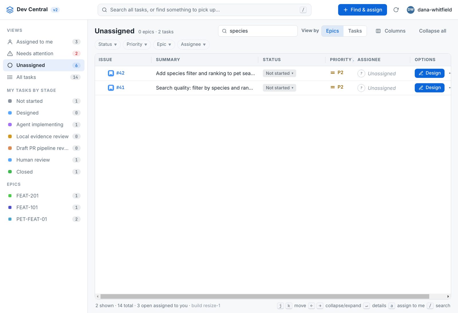 Dev Central's Unassigned view filtered to species: issues 42 and 41, both not started and unassigned