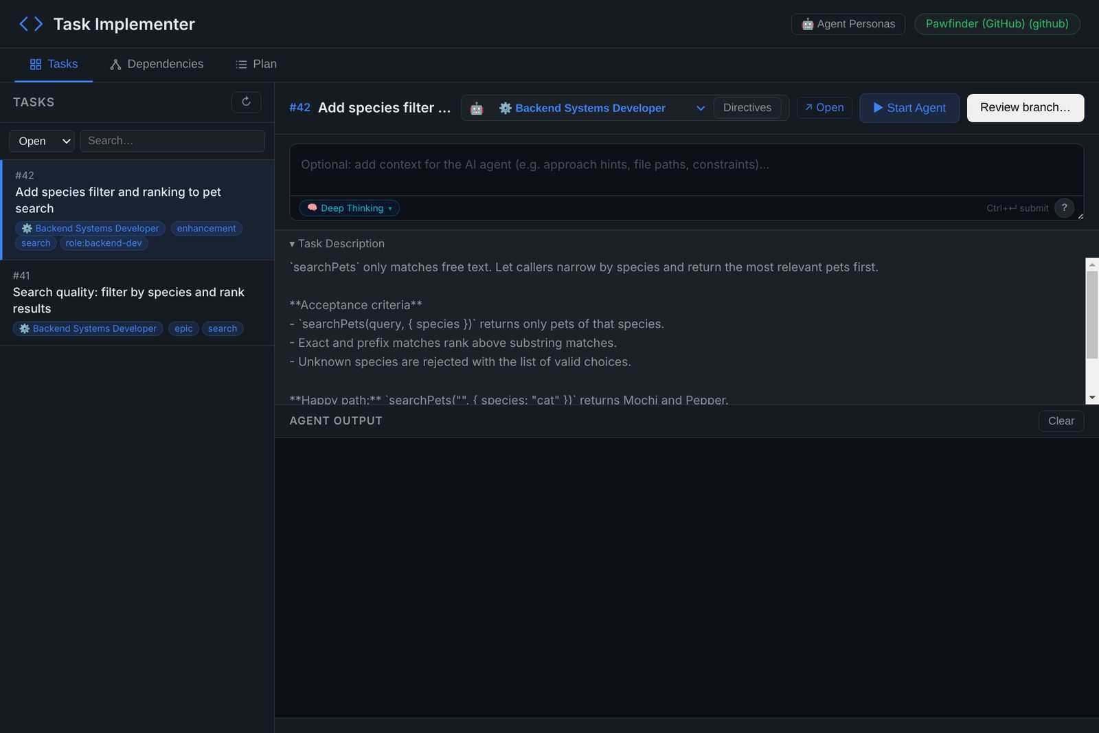 Task Implementer with issue 42 selected and the Backend Systems Developer persona taken from its role label