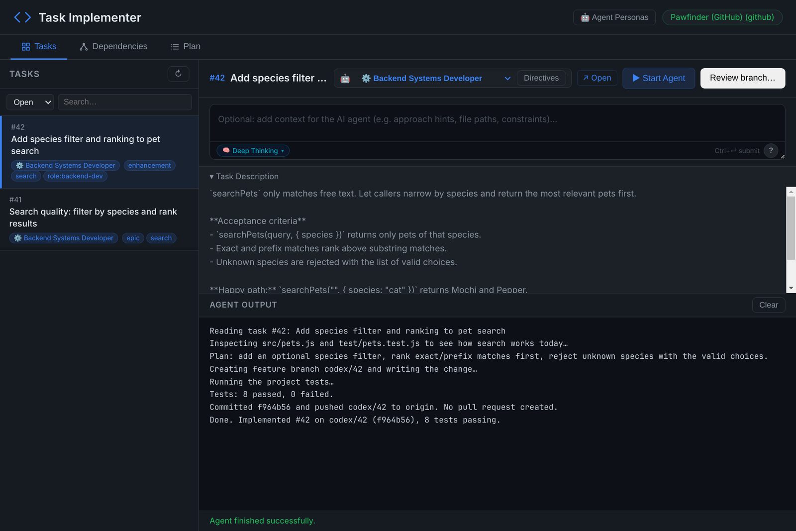 Task Implementer after the agent created a branch, ran the tests, committed and pushed