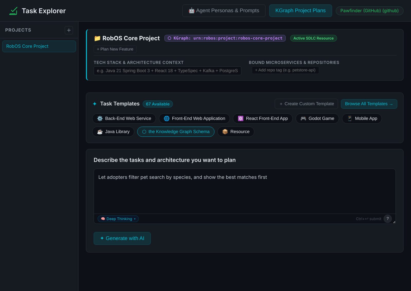 Task Explorer with the project's architecture context, the task template chips, and a one-sentence feature description in the prompt box