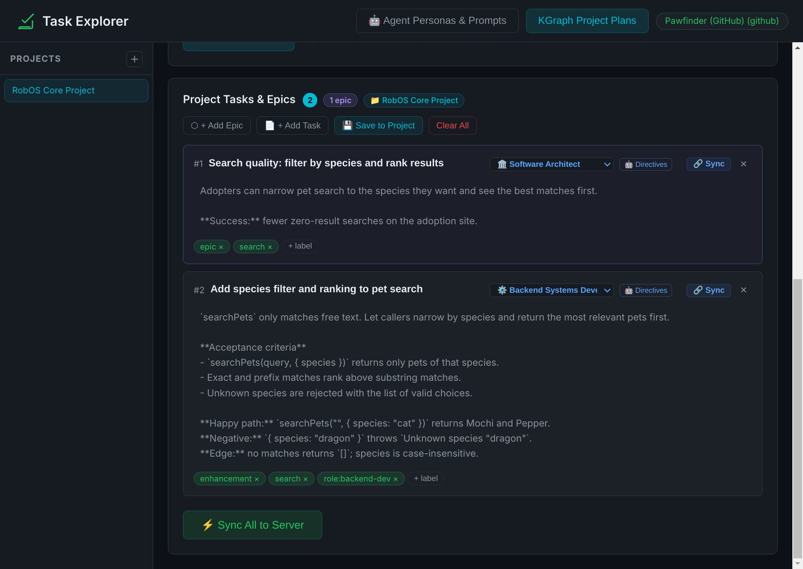 Task Explorer with a generated epic and task, each assigned a developer persona