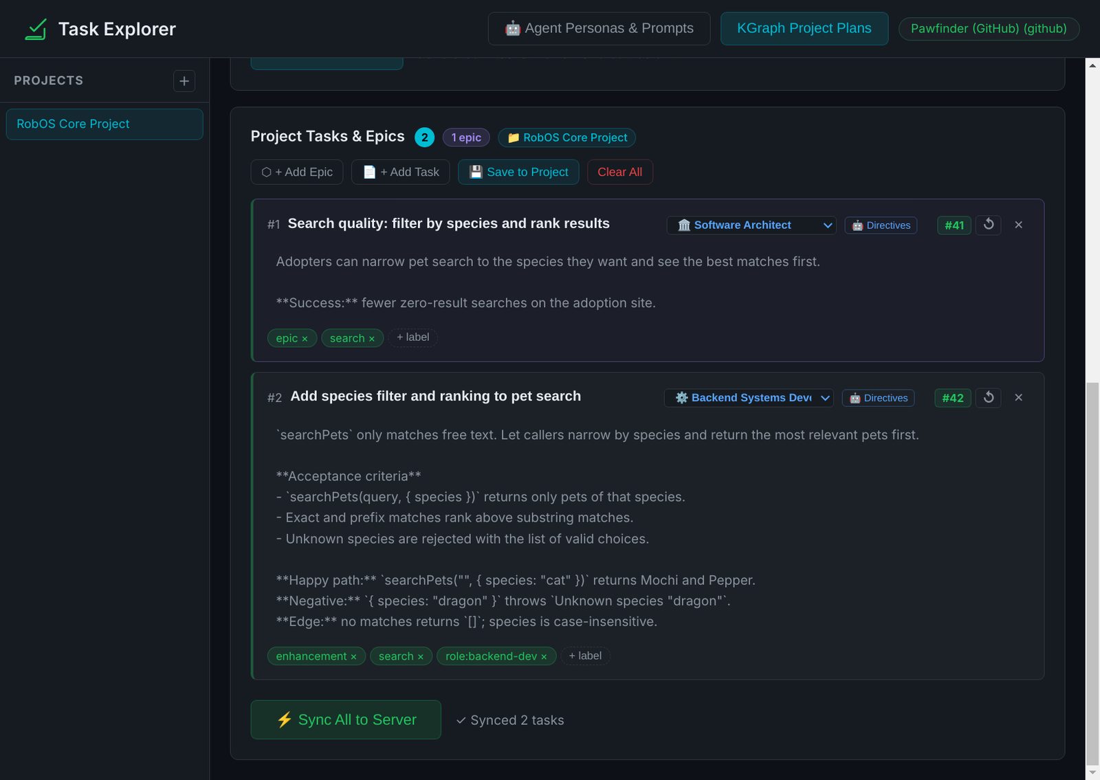 Task Explorer after Sync All to Server: the epic with the Software Architect persona is issue 41, and the task with the Backend Systems Developer persona is issue 42