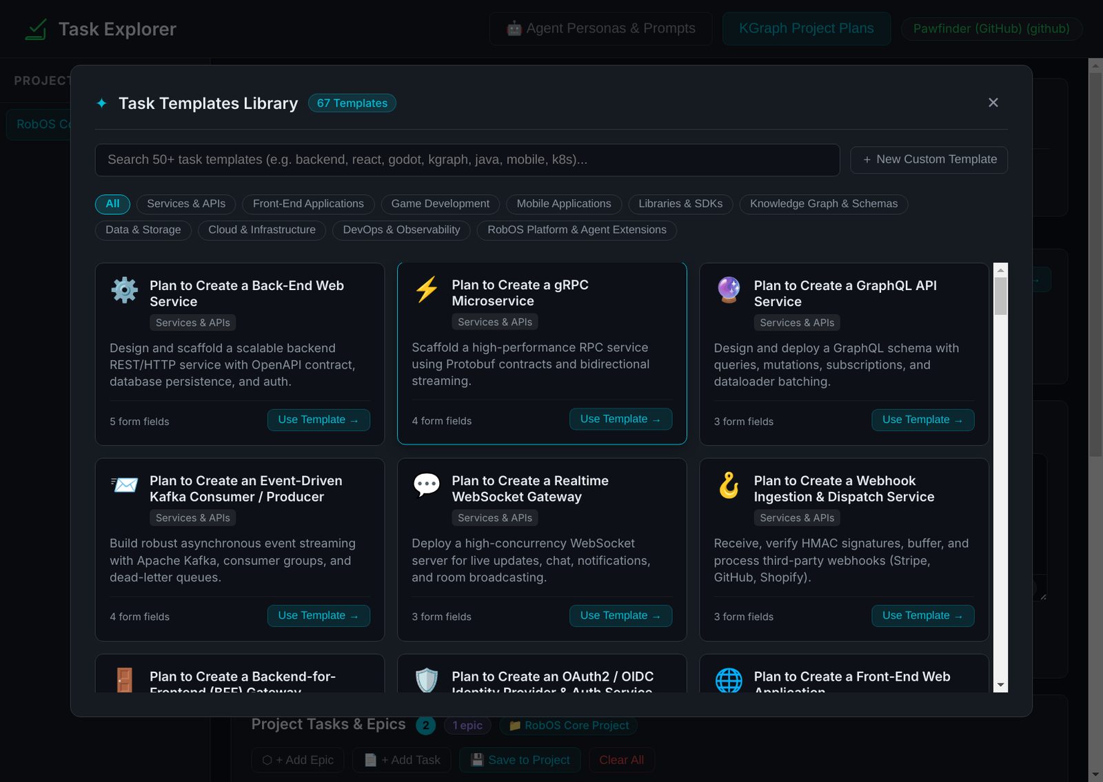 The Task Templates Library: a search box, category filters and template cards such as back-end web service, gRPC microservice and GraphQL API service
