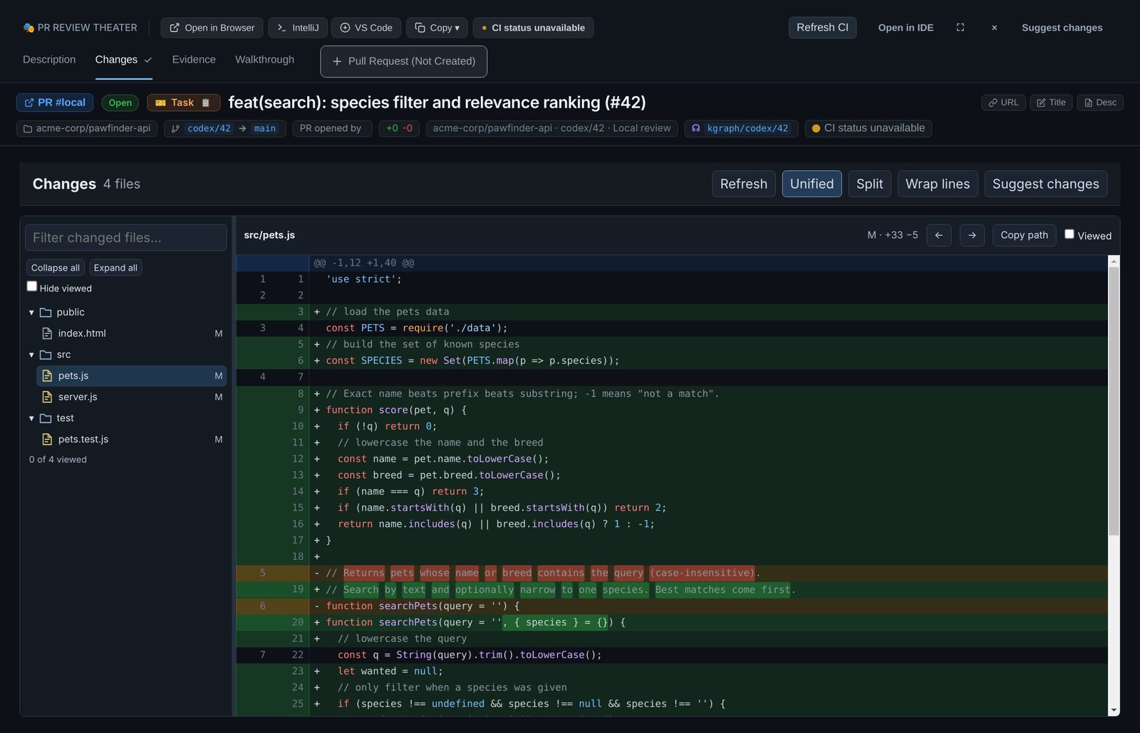 The Changes tab of the review window, with the file tree and the diff of the pushed branch
