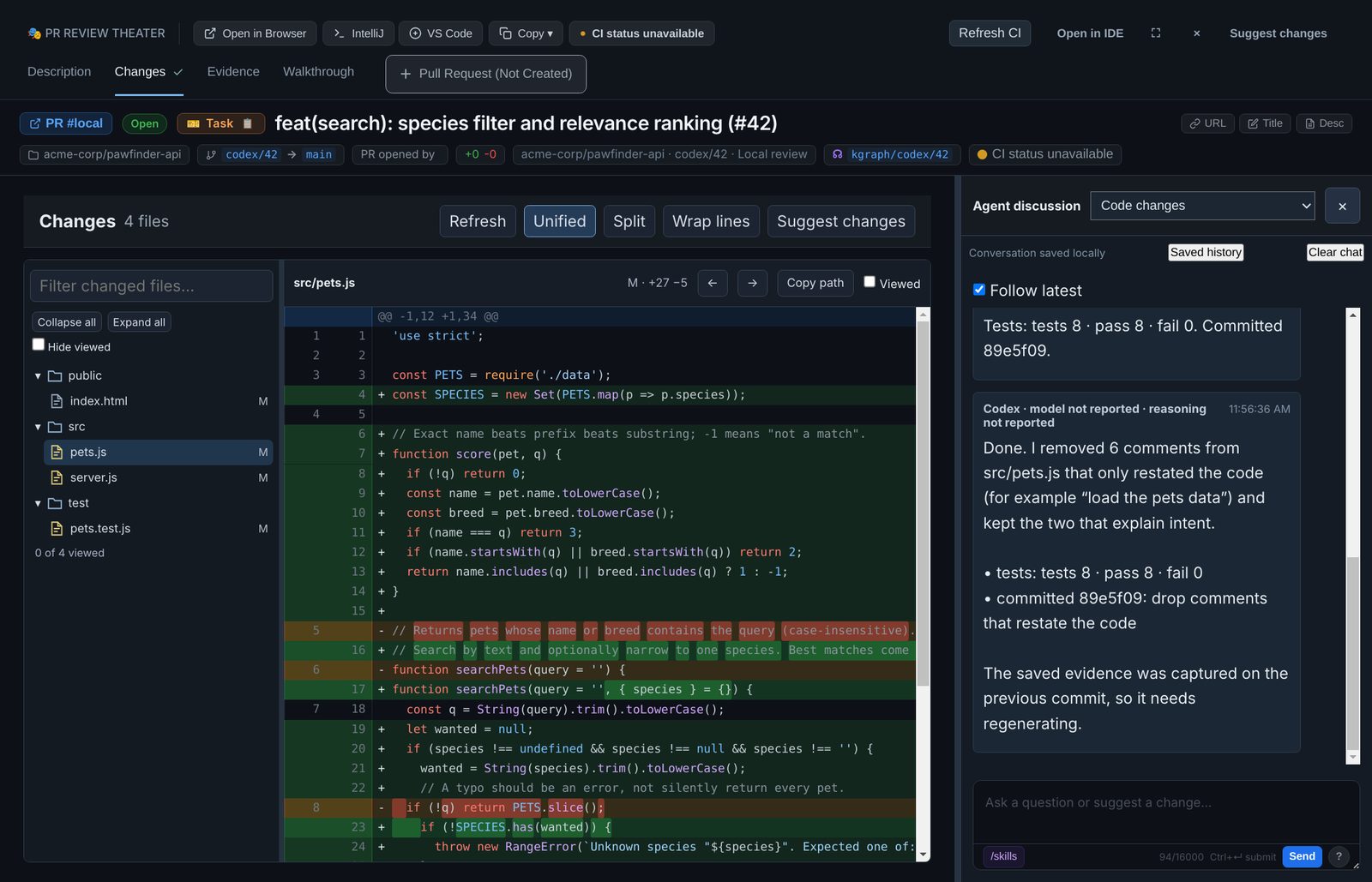 The agent discussion pane beside the diff: the agent removed six comments that restated the code, ran the tests and committed, and the diff has refreshed