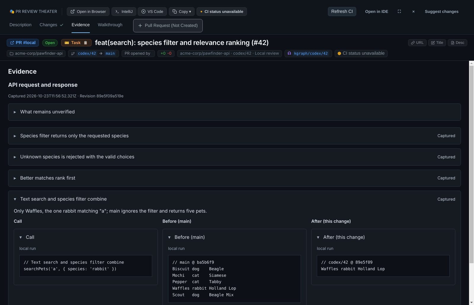 The Evidence tab with four captured scenarios; the new one, text search and species filter combine, is open, showing the call and its results on main and on the branch