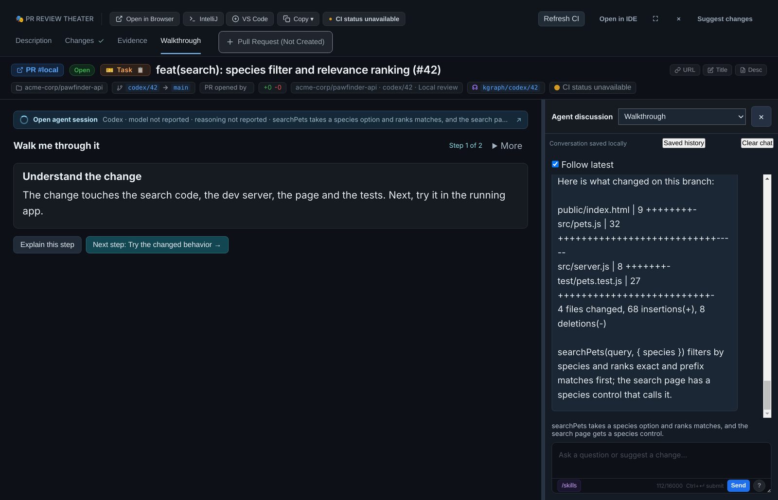 The Walkthrough tab at step 1 of 2, Understand the change, with Explain this step and Next step buttons, and the agent's summary of the changed files