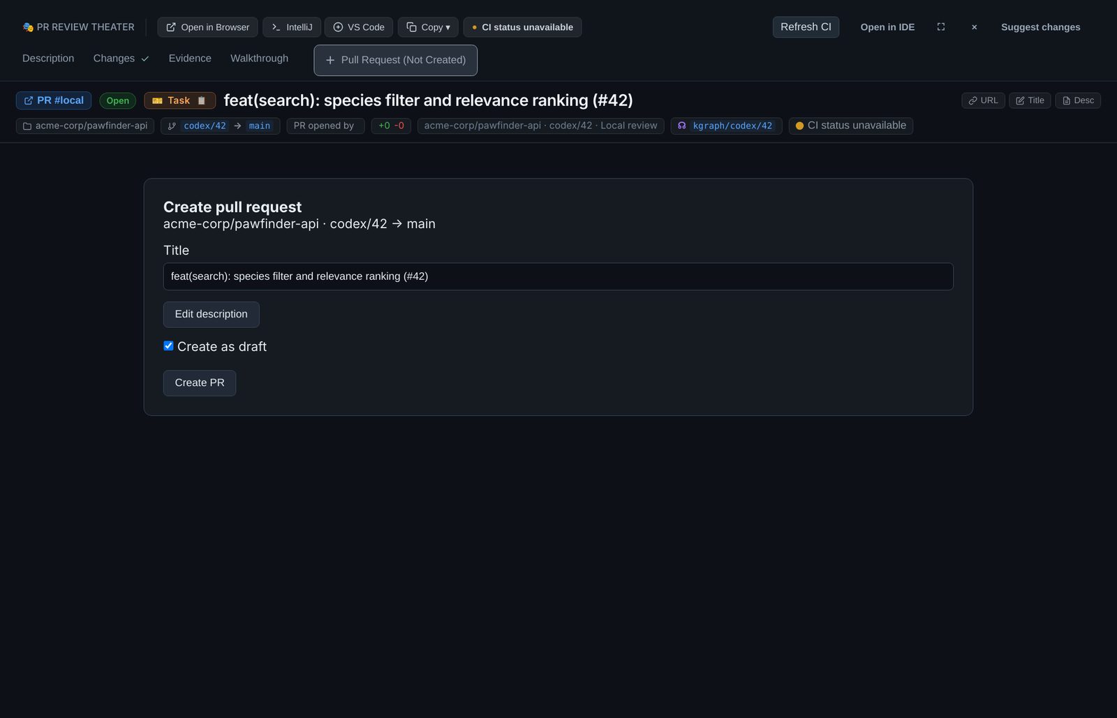 The Create pull request form: the repository and branch, the title, Edit description, Create as draft ticked and the Create PR button