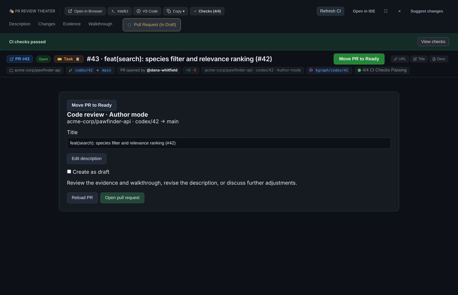 The draft pull request in the review window with all CI checks passing