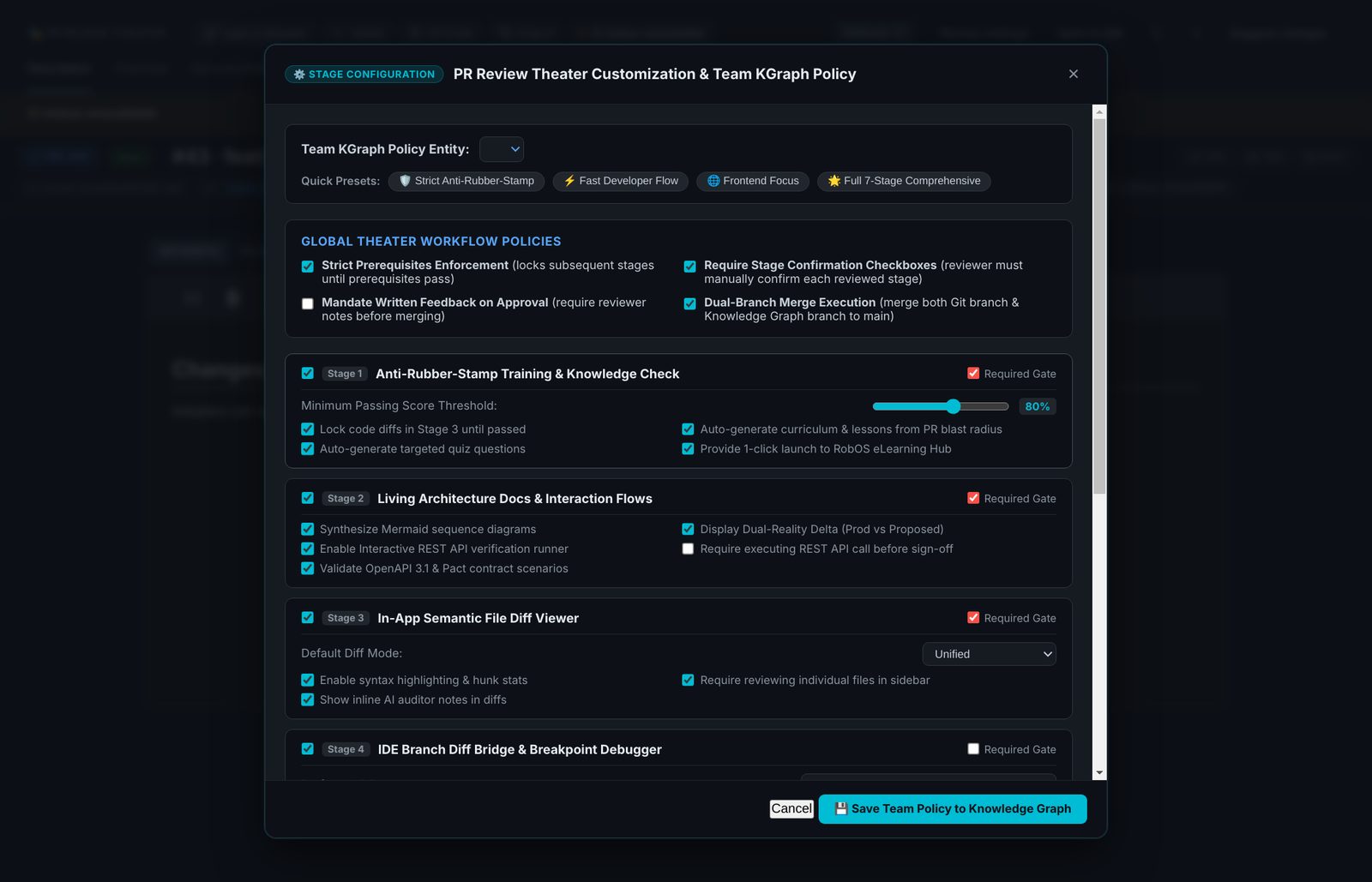 The review policy editor: workflow policies, and for each review stage a checkbox to enable it, a Required Gate box and stage options such as the minimum quiz score and the default diff mode