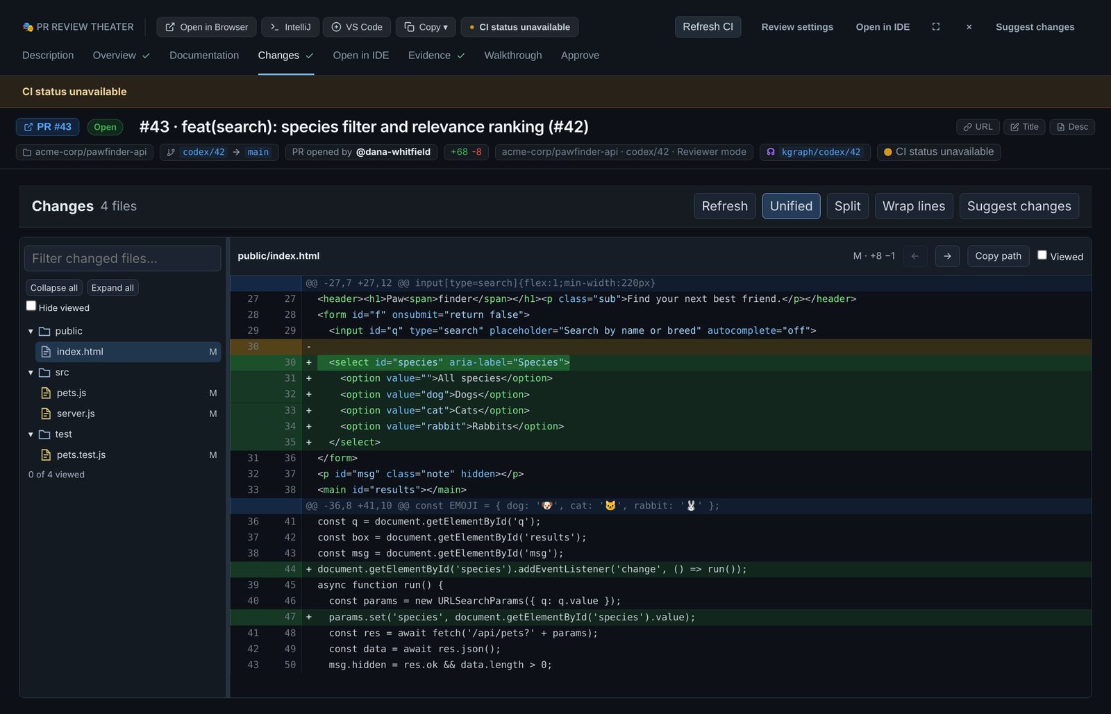 Reviewer mode on PR 43: the reviewer's tab bar, a CI status banner and the diff of public/index.html