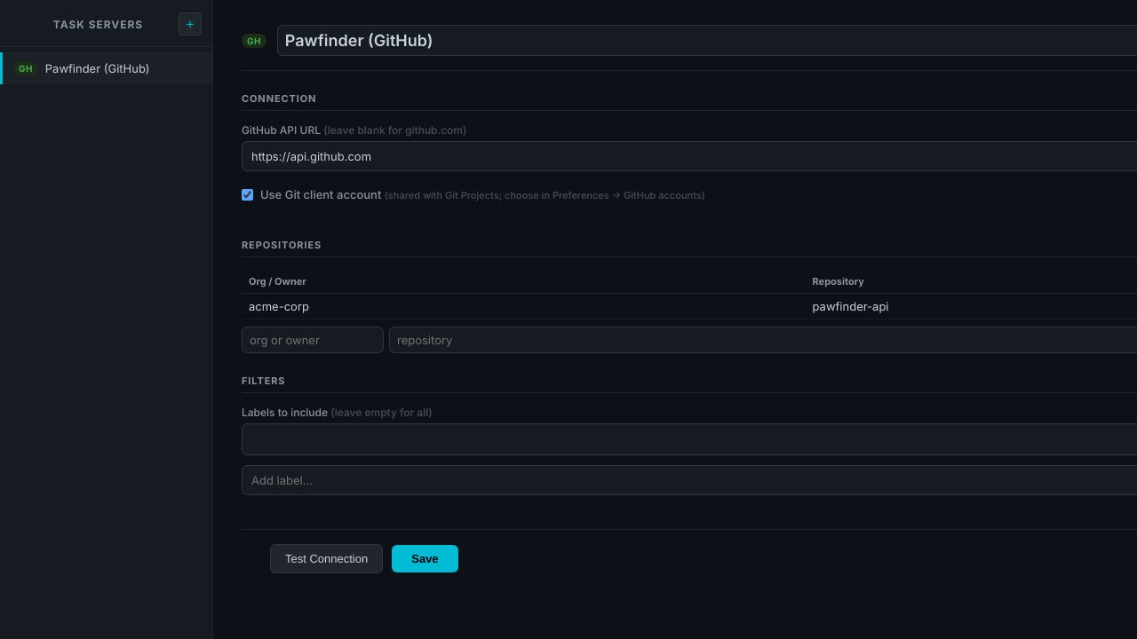 Task Servers with the team's GitHub repository configured, using the Git client account