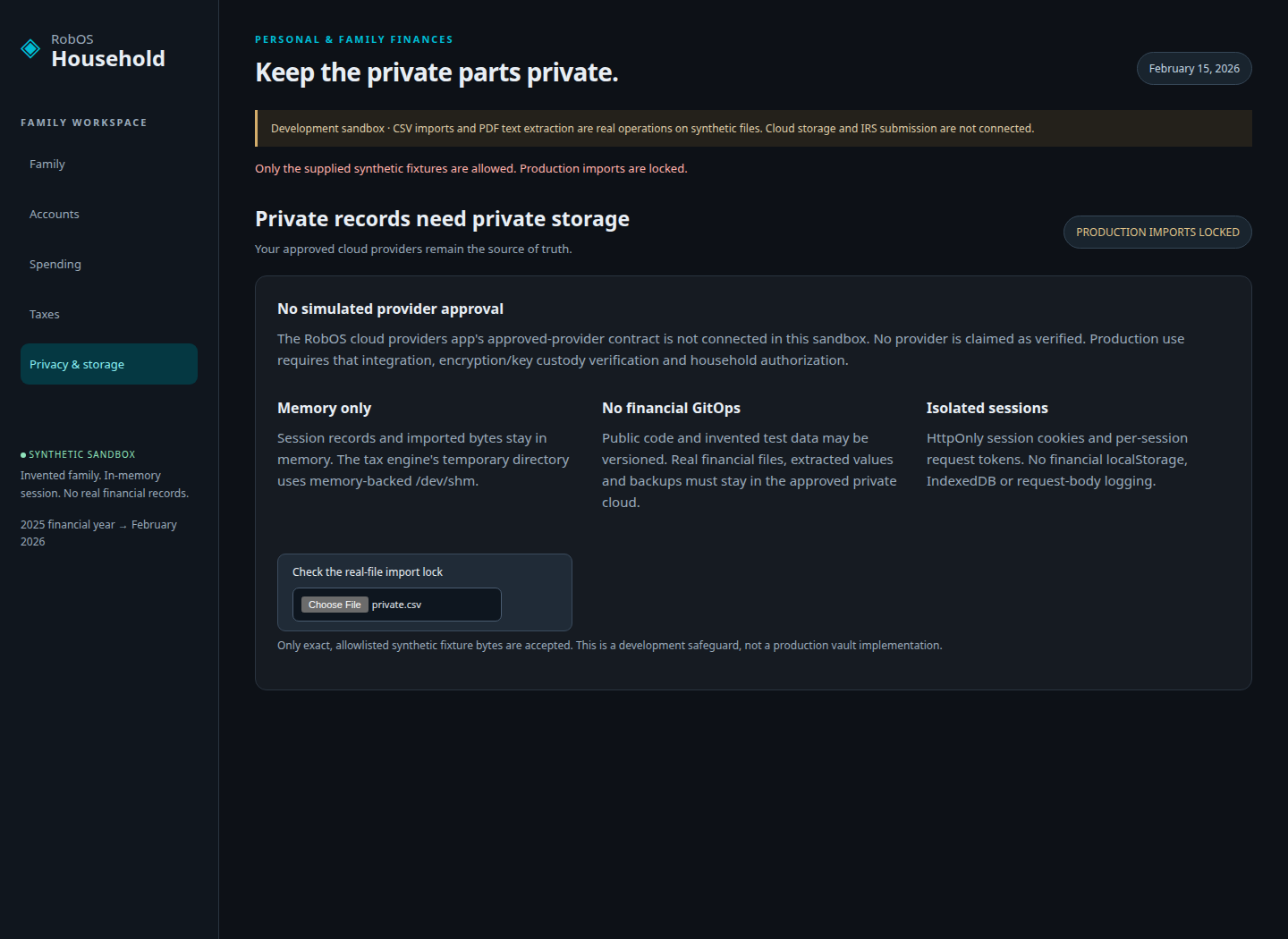 Privacy screen showing production imports locked and an unrecognized-file rejection