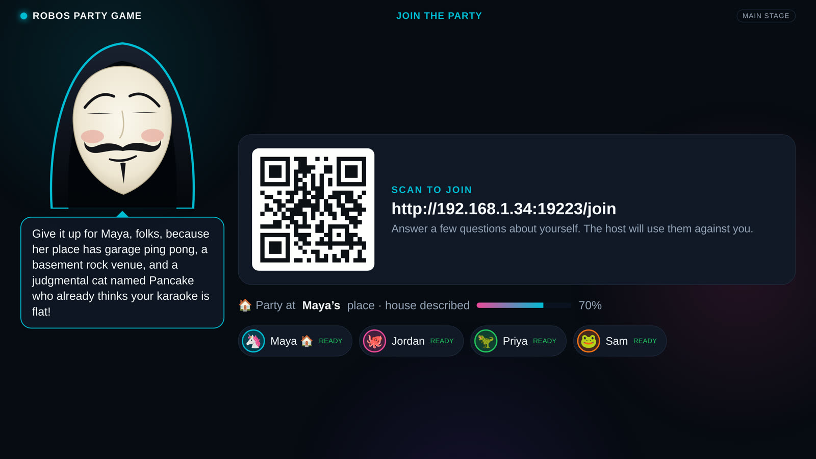 Party Game lobby on the TV with the masked AI host and the join QR code