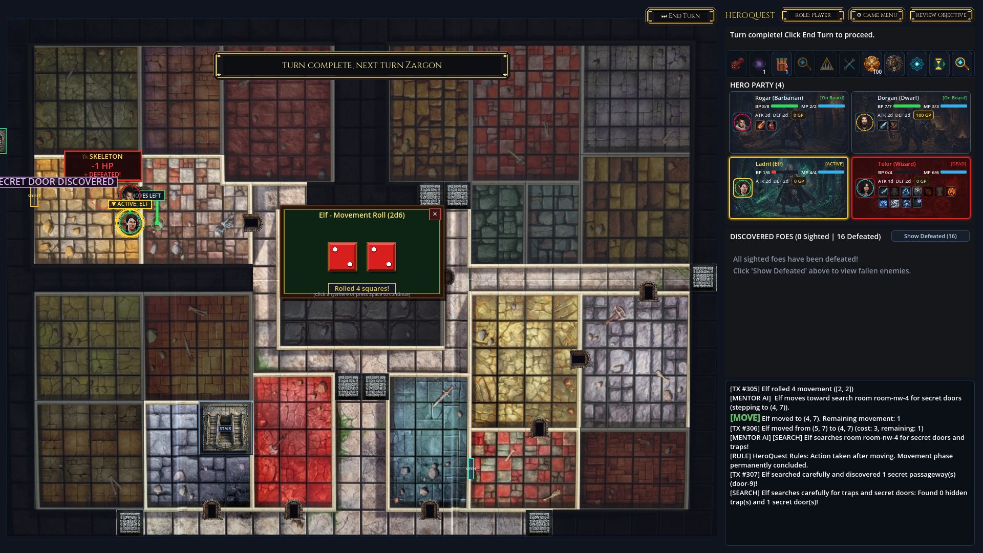 Elf discovers secret door-9 in room NW-4